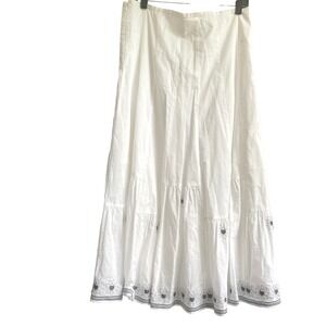 Sundance‎ White Cotton Maxi Skirt With Embroidered Lotus Flowers 10